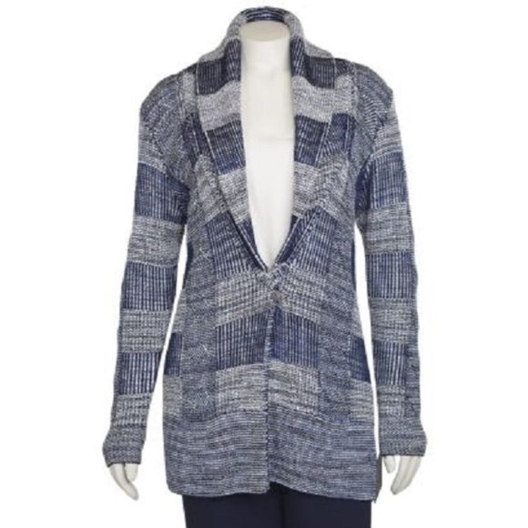 St. John Yellow Label Vivid Denim Multi Cardigan Sweater NWT Sz L